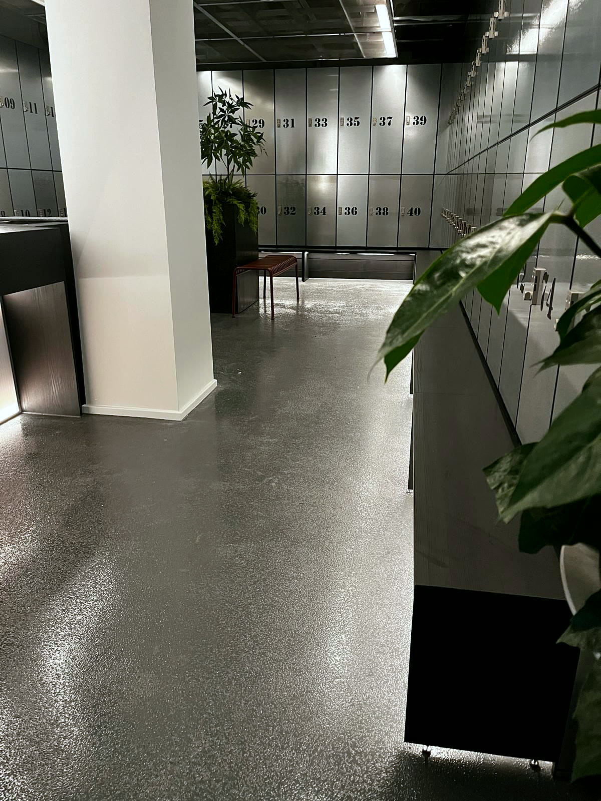 Resin floor in a gym changing area